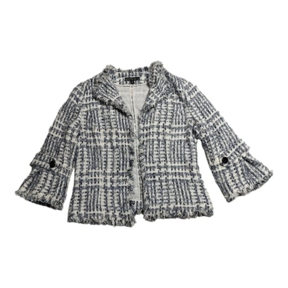 Lafayette 148 Blue White Tweed Open Jacket 12 Flare Sleeves